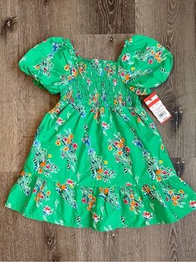 NWT Girls Cat & Jack Dress 4T Green Floral Puff Sleeve Smocked Bodice Boho